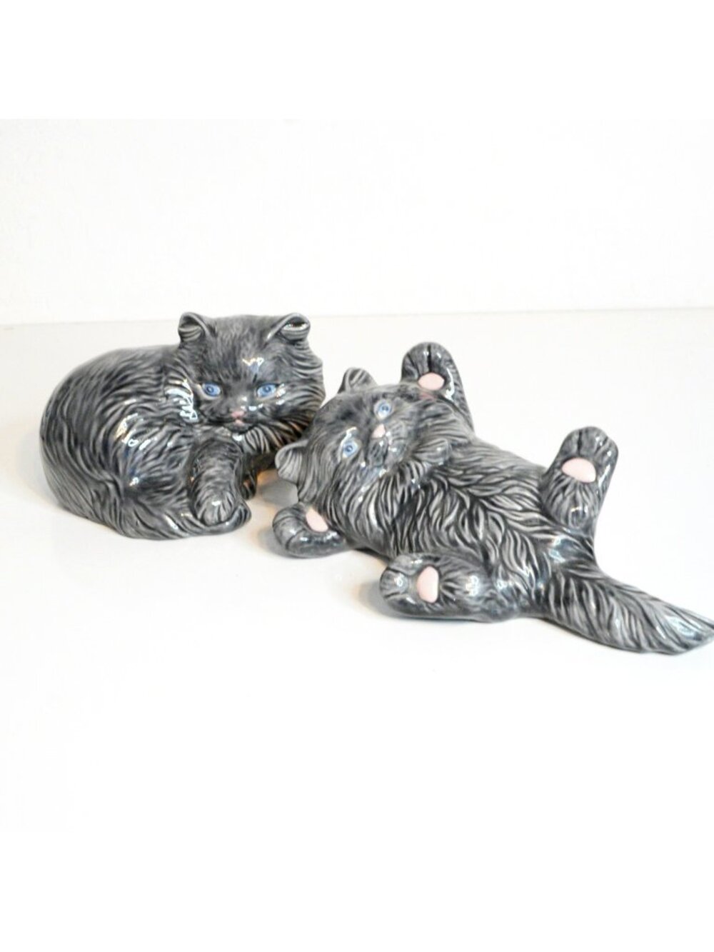 Vintage Agioto Gray Persian Cat Figurines Set of 2 Hand Painted 1980